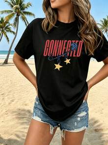 Camiseta de mujer 2026, nueva de verano, con cuello redondo y estampado temático conectado, con diseños de cadenas y estrellas, confeccionada en tela de seda de leche doblemente perchada, cómoda y transpirable, versátil para el uso diario, adecuada para ir al trabajo y ocasiones informales, con efecto adelgazante, disponible en múltiples colores. - Negro - Ver 1