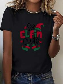 Camiseta de mujer, moderna y deportiva, con estampado de elfo lindo para celebraciones navideñas, de cuello redondo y manga corta, una camiseta elegante y divertida, ideal como regalo de Navidad, una camiseta básica cómoda y divertida. - Negro - Ver 1