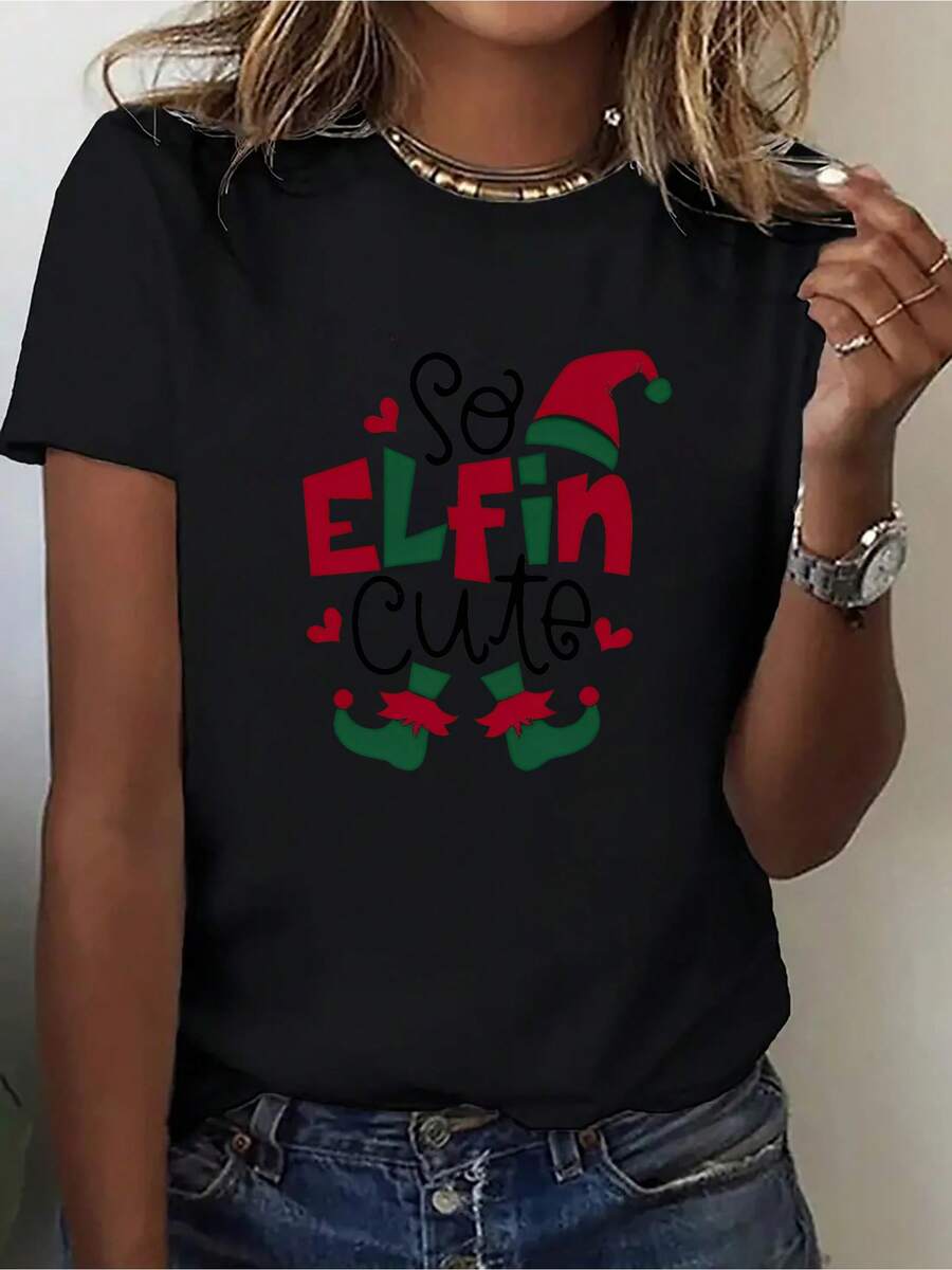 Camiseta de mujer, moderna y deportiva, con estampado de elfo lindo para celebraciones navideñas, de cuello redondo y manga corta, una camiseta elegante y divertida, ideal como regalo de Navidad, una camiseta básica cómoda y divertida. - Negro - Ver 1