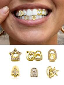 6PCS Gold Grillz For Teeth,Gold Plated Diamond Grillz Set,Hip Hop Teeth Grillz With Fitting Tool,Custom Fit Iced Out Fake Tooth Caps For Men & Women - Gold - View 1