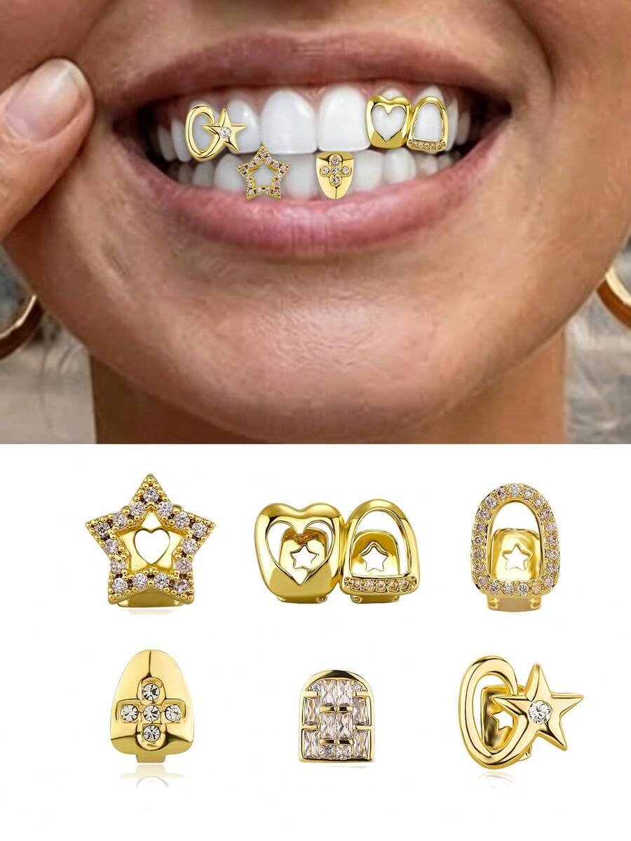 6PCS Gold Grillz For Teeth,Gold Plated Diamond Grillz Set,Hip Hop Teeth Grillz With Fitting Tool,Custom Fit Iced Out Fake Tooth Caps For Men & Women - Gold - View 1