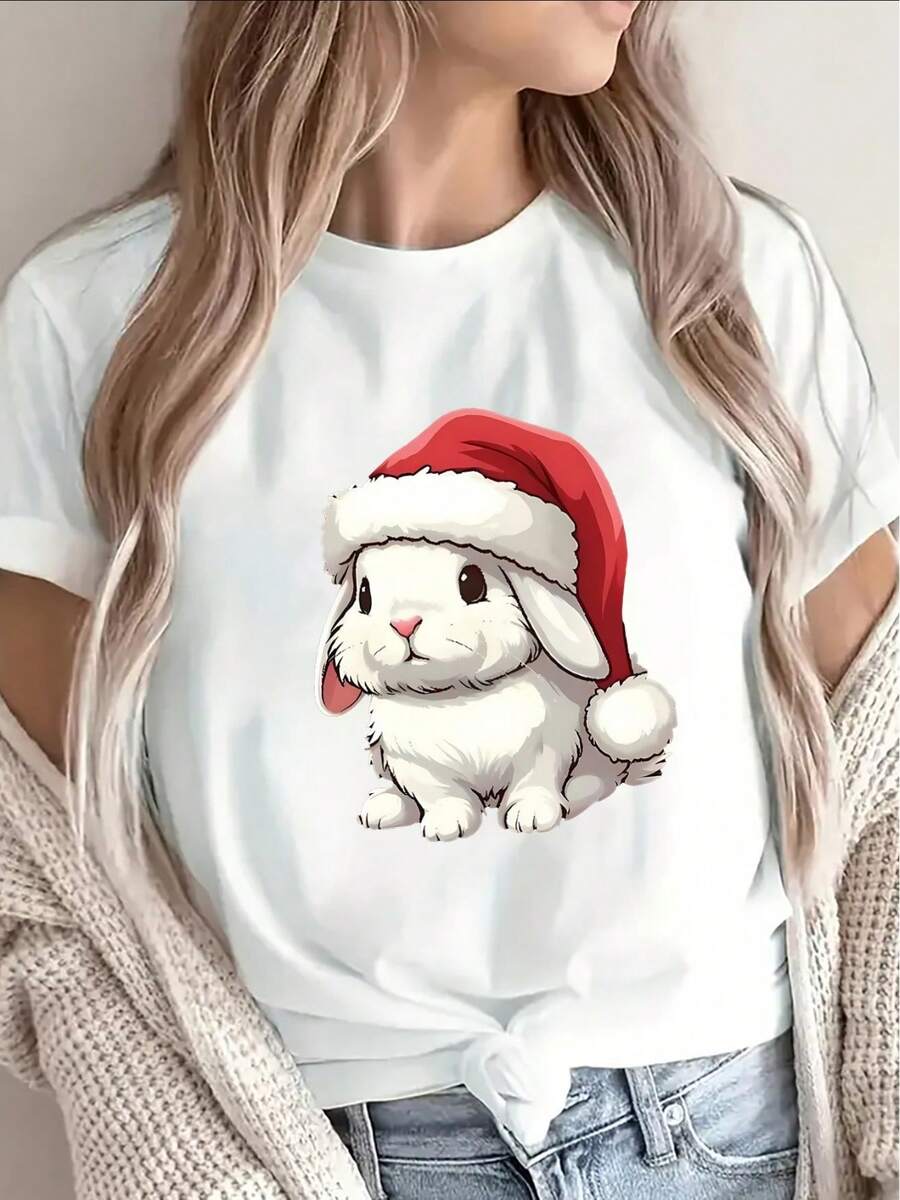 Camiseta blanca de manga corta para mujer con detalles en negro, estampado de conejito y gorro navideño - top casual ligero, elástico y de cuello redondo, adecuado para fiestas navideñas, diseño de orejas de conejo, ropa navideña lavable a máquina (fibra de poliéster). - Blanco - Ver 1