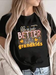 Camiseta<La vida es mejor con los nietos> - Suave, elástica, de manga corta y cuello redondo, ideal como regalo para la abuela, para uso diario informal, lavable a máquina, cómoda y con un diseño especial para la ropa de las abuelas. - Negro - Ver 6