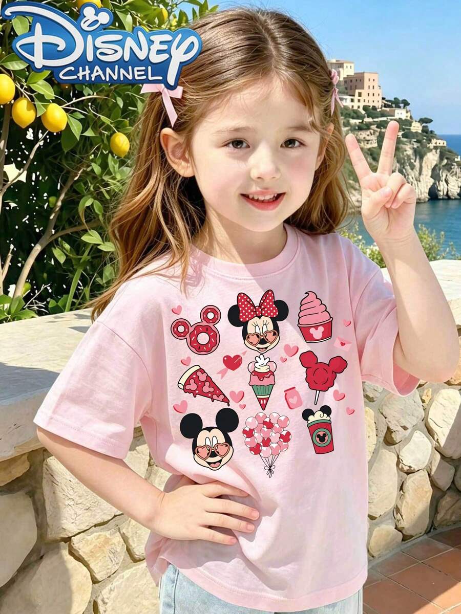Disney Cute Cartoon Design Men's T-Shirt Mickey And Minnie Mouse With Sweet Treats Summer Casual Wear For Kids Gift For Children - Hồng - Xem 1