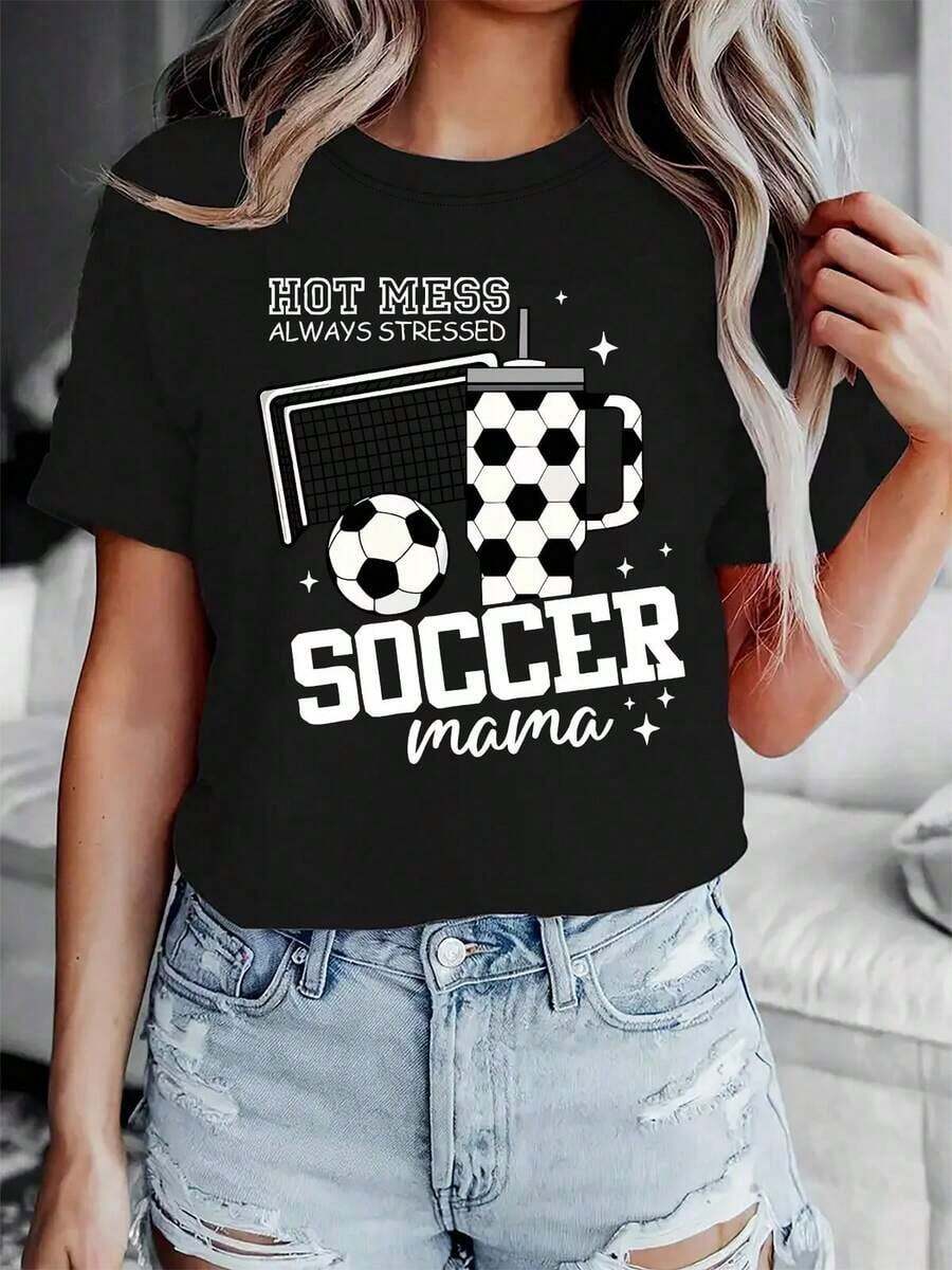 Camiseta con estampado de letras "Hot Mess Always Stressed Soccer Mama", manga corta, cuello redondo, top casual para verano y primavera, ropa de mujer, camisetas de verano con estampado tropical, tops casuales sueltos de manga corta con cuello redondo, transpirables y cómodos, esenciales de verano para mujer. - Negro - Ver 1