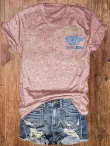 Camiseta de Impresión Gráfica, Manga Corta Cuello Redondo Top Casual para Verano y Primavera, Ropa de Mujer - Rosa - Ver 3
