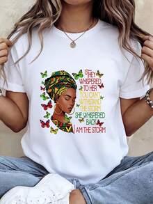 1 pieza clásica y versátil, camiseta corta de algodón puro con mangas cortas, imprenta de mariposa africana para mujeres. Estilo moderno - Blanco - Ver 1