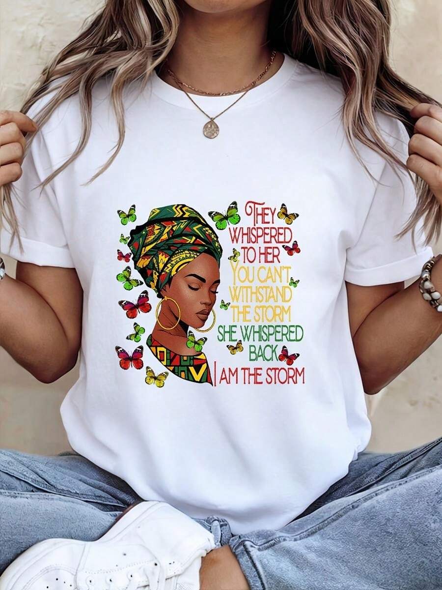 1 pieza clásica y versátil, camiseta corta de algodón puro con mangas cortas, imprenta de mariposa africana para mujeres. Estilo moderno - Blanco - Ver 1
