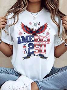 FashionNEWAmerica 250 Women's Patriotic T-Shirt With Eagle For Independence Day, 4th Of July Celebration T-Shirt, US Flag Design, Casual Style, Vintage Urban Style, Unisex, Short Sleeve Crew Neck Cotton T-Shirt - 白色 - 查看 1