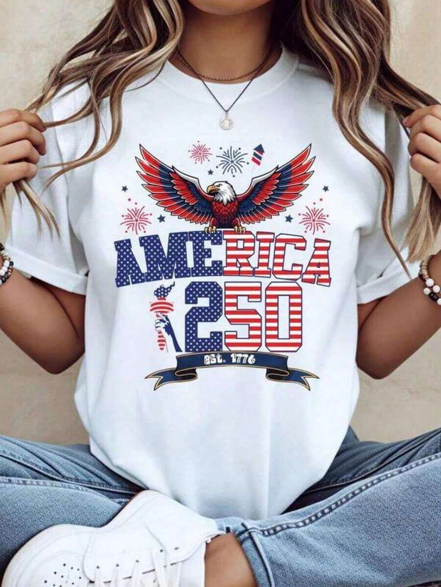 FashionNEWAmerica 250 Women's Patriotic T-Shirt With Eagle For Independence Day, 4th Of July Celebration T-Shirt, US Flag Design, Casual Style, Vintage Urban Style, Unisex, Short Sleeve Crew Neck Cotton T-Shirt - 白色 - 查看 1