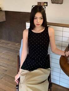 女款黑色波點細肩帶背心，韓系修身露背繫帶無袖上衣，適合夏季休閒穿搭 - 黑色 - 查看 2