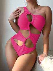 Traje de baño de una pieza de color sólido, nuevo estilo, trenzado, de un solo hombro. - Rosa Fucsia - Ver 10