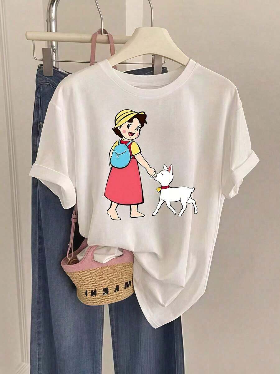 Camisetas de manga corta de talla grande para mujer, ideales para el verano y el uso diario, nuevas camisetas para mujer 2026 con estampados de encanto infantil, vida rural y la armonía entre los humanos y los animales.Es un regalo de verano a la moda y es adecuado para el uso diario y fiestas. Transpirable y cómodo. - Blanco - Ver 1