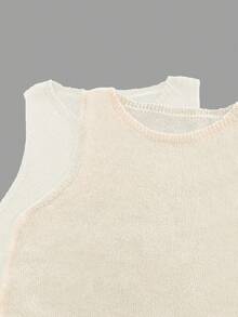 2pcs/Set Solid Color Round Neck Semi-Sheer Minimalist Casual Loose Knit Vest Vacation Beach Summer - Apricot Color - View 3
