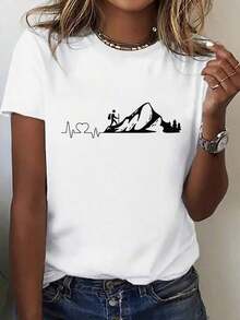 Loose1PCS[OEM]Women's Casual Short Sleeve T-Shirt - Outdoor Hiking & Adventure Graphic Print, Breathable Stretchy Fabric, Neck, All-Season Comfort, Machine Washable, Perfect Gift For Nature Lovers, Hiking Accessories, Comfortable Clothing, Scenic Print Shirt, Nontransparent MaterialBasic Crew Neck Cotton T-shirt for Women - Negro - Ver 7
