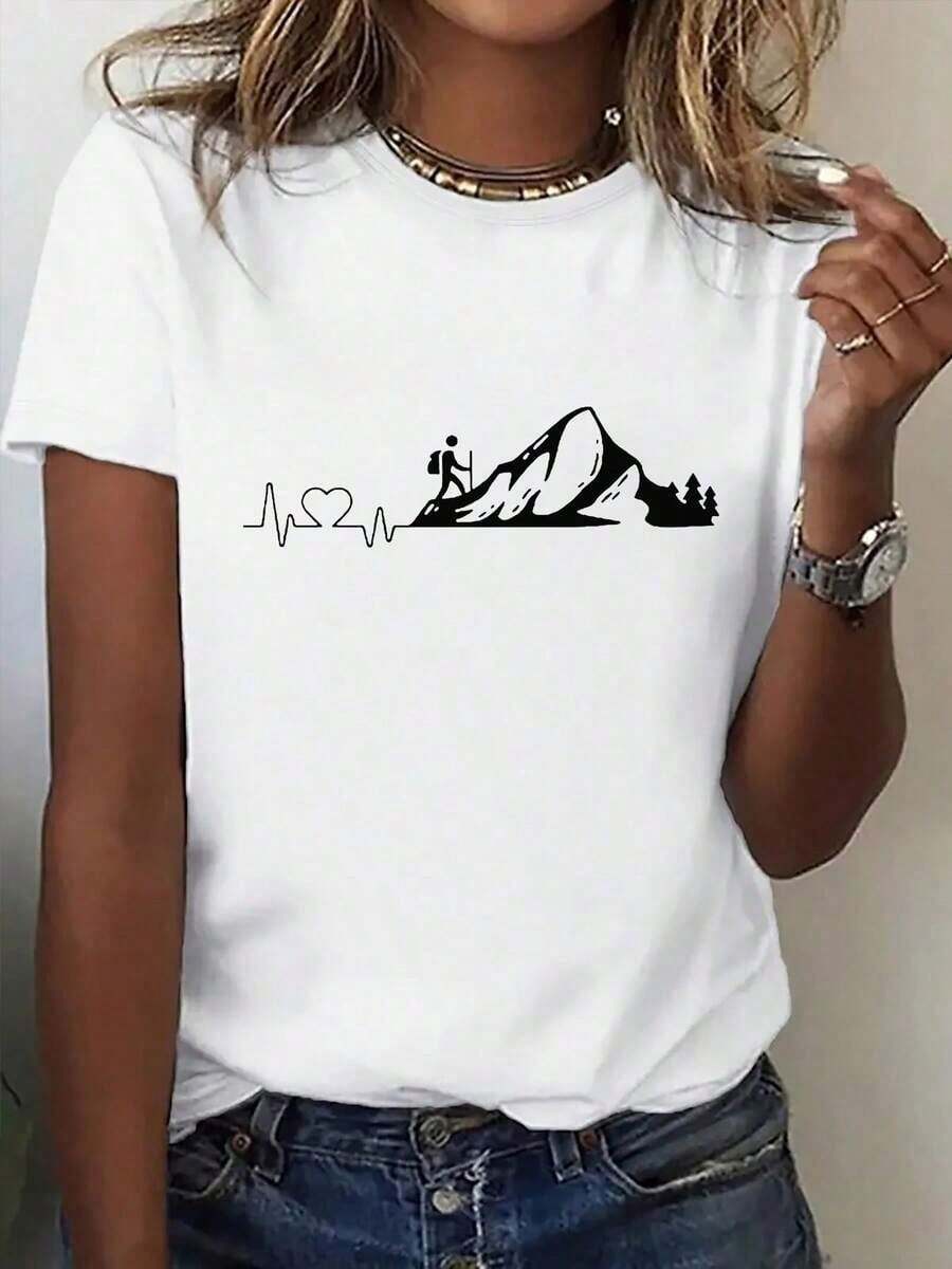 Loose1PCS[OEM]Women's Casual Short Sleeve T-Shirt - Outdoor Hiking & Adventure Graphic Print, Breathable Stretchy Fabric, Neck, All-Season Comfort, Machine Washable, Perfect Gift For Nature Lovers, Hiking Accessories, Comfortable Clothing, Scenic Print Shirt, Nontransparent MaterialBasic Crew Neck Cotton T-shirt for Women - Blanco - Ver 1