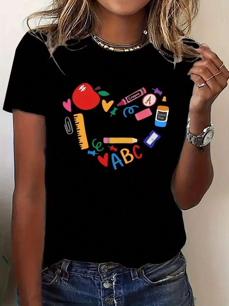 Camiseta Negra de Manga Corta para Mujer - Estilo Vintage Urbano Unisex, Camiseta Holgada de Algodón con Cuello Redondo y Manga Corta - Negro - Ver 1