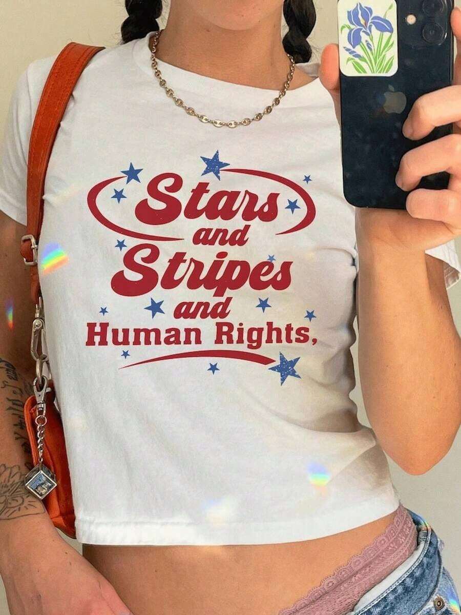 Cute Pattern Tee WomenStars And Stripes Human Rights Tee,Y2K 4th Of July Tee,Red White And Blue Shirt,Liberal Fourth Of July Protest Tee,Progressive Tee,Floral Tops,Concert,Flowy Tops,Boho Tops,Summer Tops,Summer Clothes,Blouses Women,Vacation Outfits Women,Crop Top-high qualityFor Summer - Blanco - Ver 1