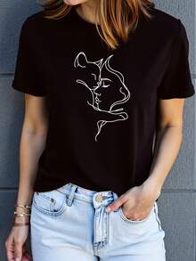 Camiseta de mujer con diseño de gato y arte de líneas faciales - Top de verano casual de manga corta, suave y transpirable, de secado rápido, lavable a máquina, perfecta para actividades al aire libre y ocio, camiseta de gato - Negro - Ver 6