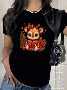 Camiseta de cuello redondo y mangas cortas de ropa fashion, fabricada en México, para la temporada primavera-verano 2025. Con estampado de dibujos animados, es un modelo de pareja, apta para usar tanto por dentro como por fuera, ideal para oficina y estilo casual, diseñada para hombres y mujeres, en unidad individual. - Negro - Ver 1