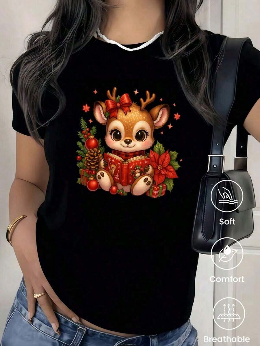 Camiseta de cuello redondo y mangas cortas de ropa fashion, fabricada en México, para la temporada primavera-verano 2025. Con estampado de dibujos animados, es un modelo de pareja, apta para usar tanto por dentro como por fuera, ideal para oficina y estilo casual, diseñada para hombres y mujeres, en unidad individual. - Negro - Ver 1