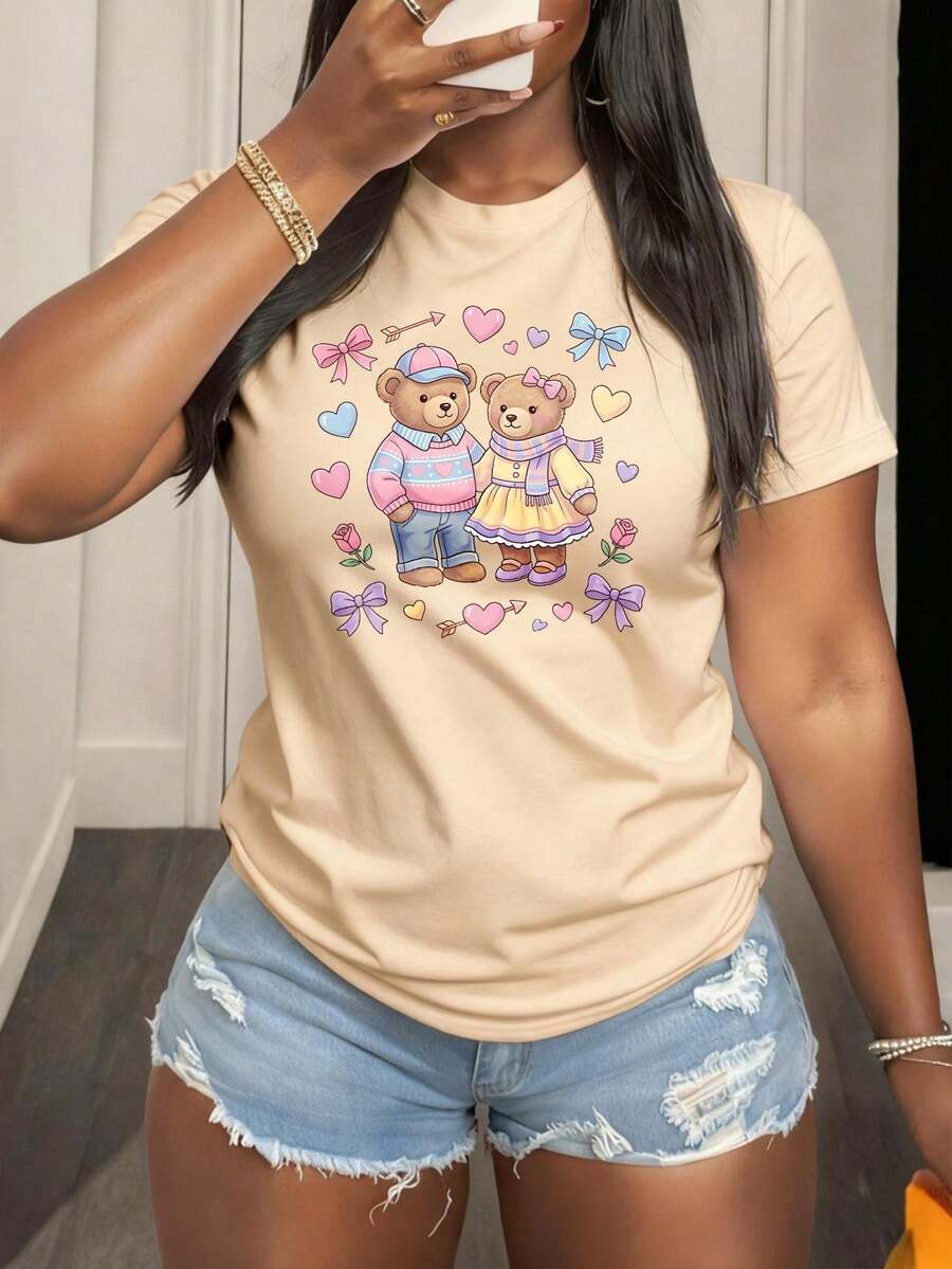 Camiseta de manga corta para mujer con estampado de ositos de peluche y corazones en tonos pastel, ideal para el Día de San Valentín. vestidos de graduación - Albaricoque - Ver 1