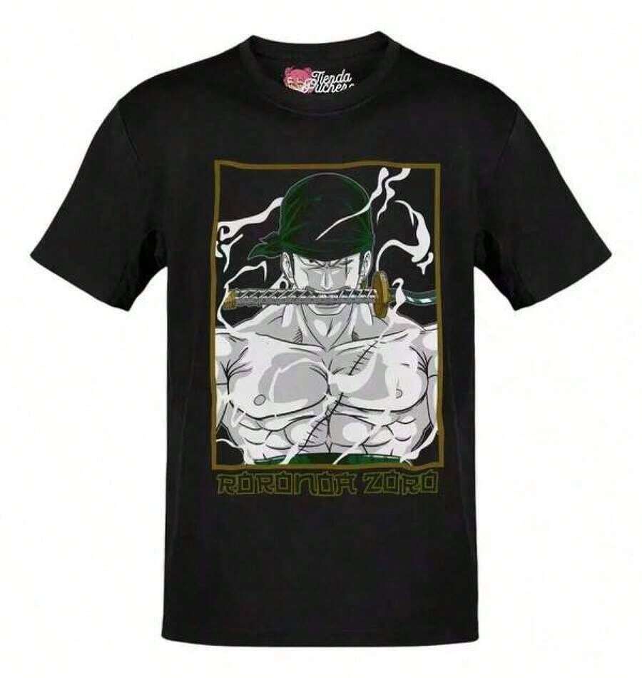 Camiseta de Algodón Vintage de Anime Japonés, Tops de Verano, Conjunto Familiar a Juego, Camiseta Roronoa Zoro con Letras Verdes y Caja Amarilla, Regalos para Fanáticos del Anime, Tallas para Adultos y Niños - Negro - Ver 1