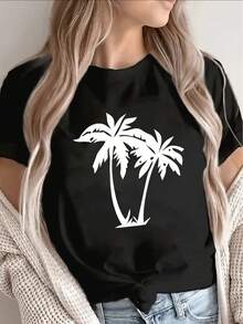 Camiseta de manga corta para mujer, diseño de palmeras, adecuada para salidas casuales de verano.Ligera y transpirable, perfecta para la playa, vacaciones o uso diario. - Negro - Ver 7