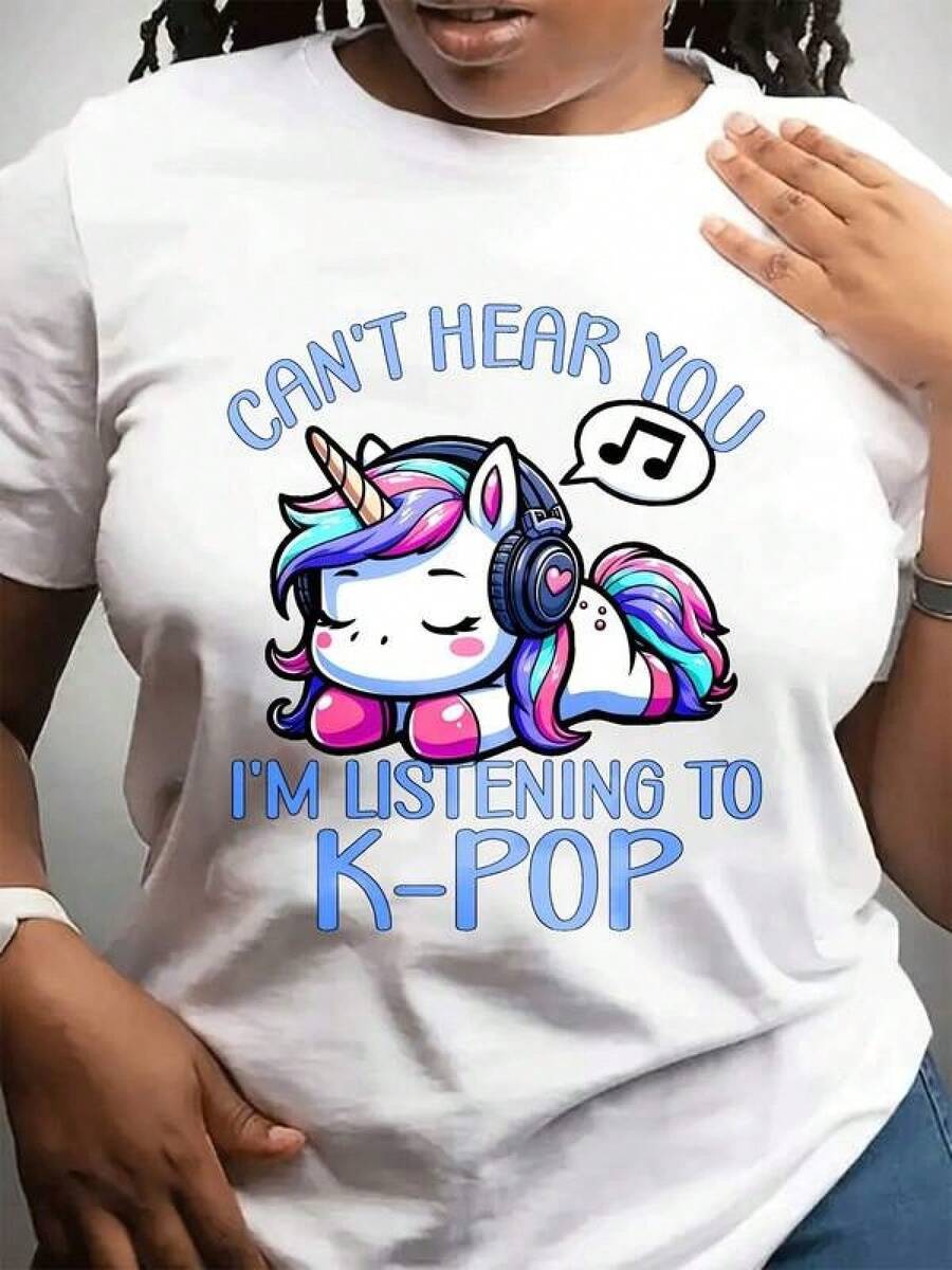 Camiseta de Mujer con Estampado y Unicornio - Lindo Atuendo de Música Pop Coreana, Camiseta Casual de Manga Corta con Cuello Redondo, Ropa para Fans del K-Pop para el Día de San Valentín, Ropa Casual para Mujer, Blusas Bonitas - Blanco - Ver 1
