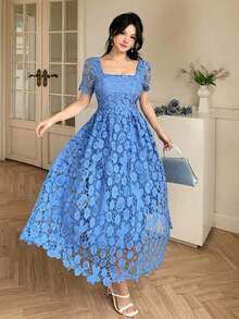 Vestido largo de mujer de estilo francés con cintura alta, manga corta y encaje calado, vestido de invitada de boda, vestido de cóctel de mujer - Azul - Ver 8