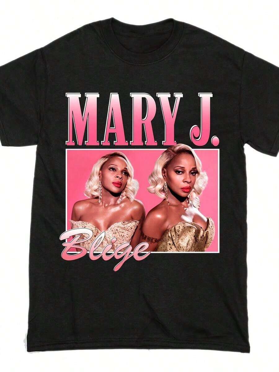 Camiseta de cuello redondo divertida para hombre y mujer, talla grande, camiseta de moda para mujer, camiseta gráfica de Mary J Blige - Unisex, negra, de manga corta, con estampado de la portada del álbum icónico y los títulos de las canciones, todas las tallas S-234XL, camiseta casual de cuello redondo para hombre y mujer, ropa para fanáticos de la música, camiseta de cultura pop estética Harajuku, talla grande. - Negro - Ver 1