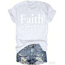 Crew Neck T-Shirt, 1 Piece, Women's T-Shirt, Casual, With "Faith Like Wi-Fi" Print, 100% Cotton, Short Sleeve, Crew Neck, Regular Fit T-Shirt For All Seasons, More Colors, Christian Clothing, Jesus Sweatshirt, Faith T-Shirt, Christmas Christian Faith T-Shirt. - 白色 - 查看 2