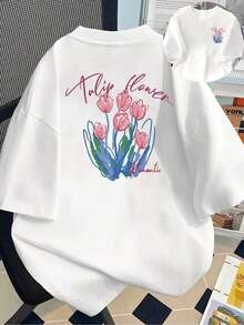 Under The Radar Women's Casual Short Sleeve T-Shirt, Tulip Bouquet Print, Romantic, Soft Short Sleeves, Front And Back Panels, Japanese And Korean Style, Loose Crew Neck Top, Machine Washable, Spring/Summer Top. 2026-Vintage Street Style Unisex Loose Cotton Short Sleeve Crew Neck T-Shirt - 白色 - 查看 6