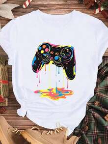 Stylish And Casual, Women's Short-Sleeved T-Shirt, Casual Summer T-Shirt With Colorful Game Controller Print, White T-Shirt For Outdoor Gaming Parties, Spring And Summer Clothing. - 白色 - 查看 3