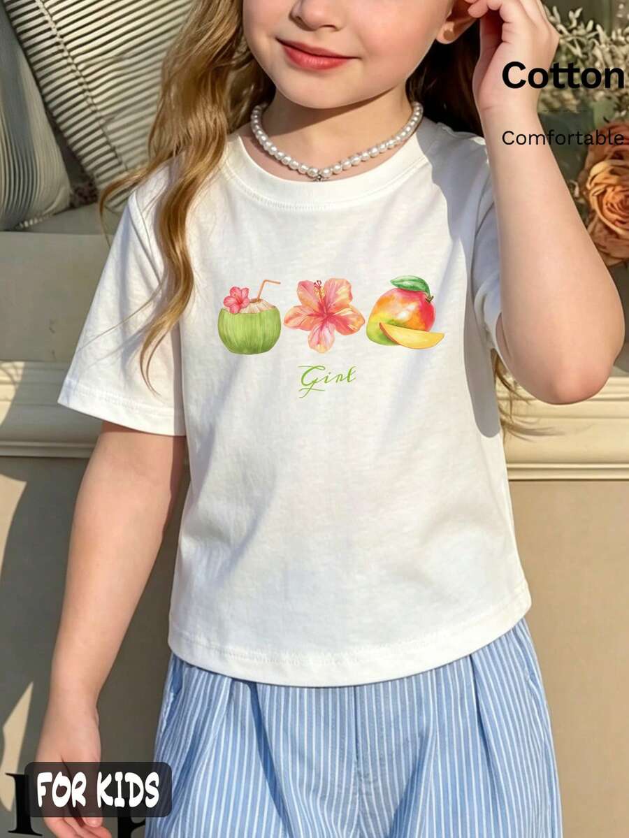 Girls Summer Beach Style Fruit Print Short Sleeve T-Shirt, Tween Girl Summer Clothes, 1pc Customized 6-12 Years Old Big Kids Summer Top, Unisex Basic T-Shirt, Fun Casual Versatile, Daily Wear, Sports, Carnival, Birthday Party, Children's Graduation Ceremony, Y2K Style, Vacation Travel Beach Outfit - White - View 1