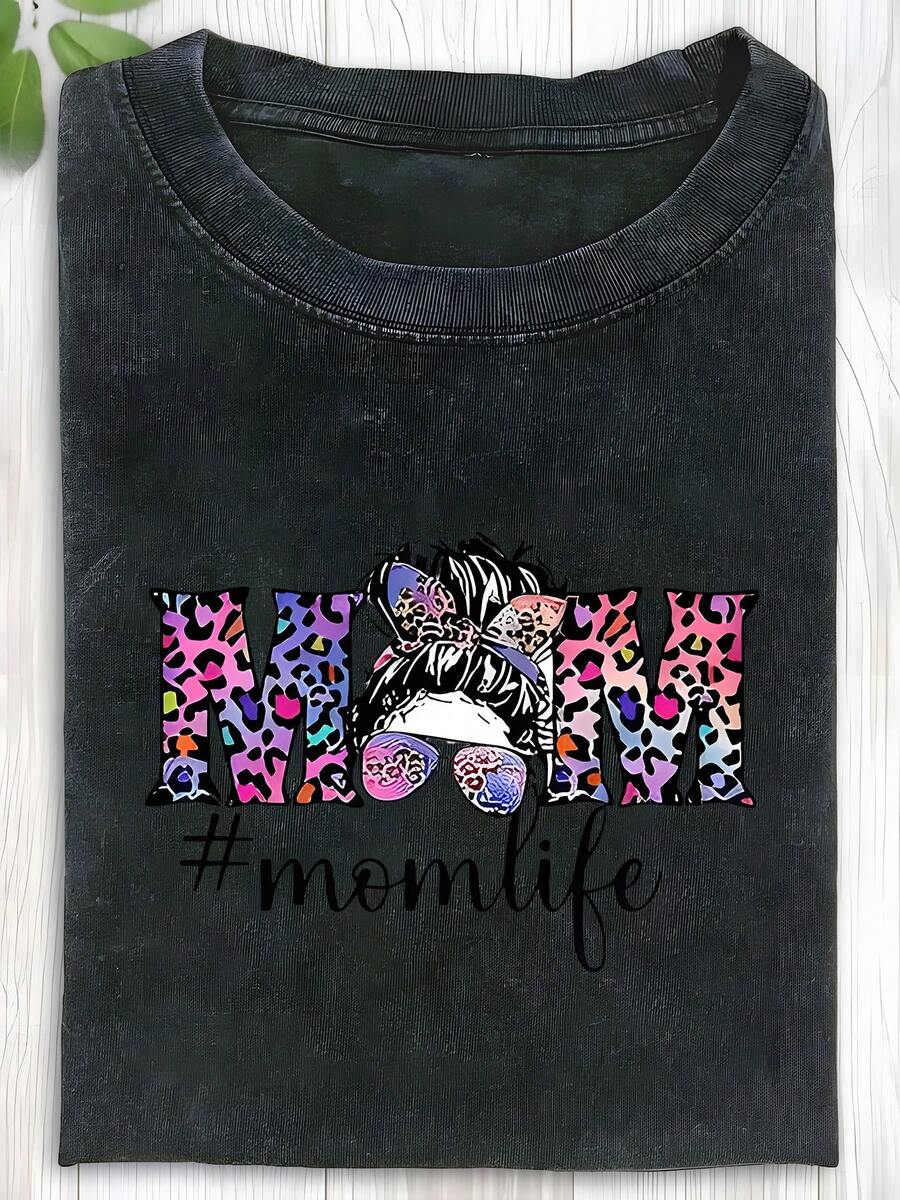 1 Piece Of Fashionable Leopard Print Washed Cotton T-Shirt For Mothers, High Quality Batik Cotton Vintage Fashion Brand T-Shirt, Women's T-Shirt, Popular For Daily Wear, Holiday Gift, Perfect Gift, 180g 100% Cotton. - 黑色 - 查看 1