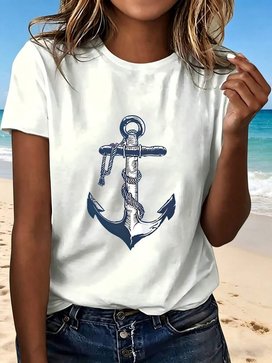 Anchor Print T Shirt With Fashion Design Casual Wear Beach Outfit Perfect Gift For Summer Vacation - Blanco - Ver 1