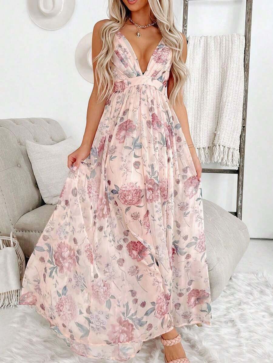 Acelitt Vestido de tirantes finos con cuello en V profundo, cintura alta, plisado y espalda descubierta, con estampado floral, adecuado para boda, dama de honor, vacaciones de primavera, fiesta elegante - Rosa - Ver 1