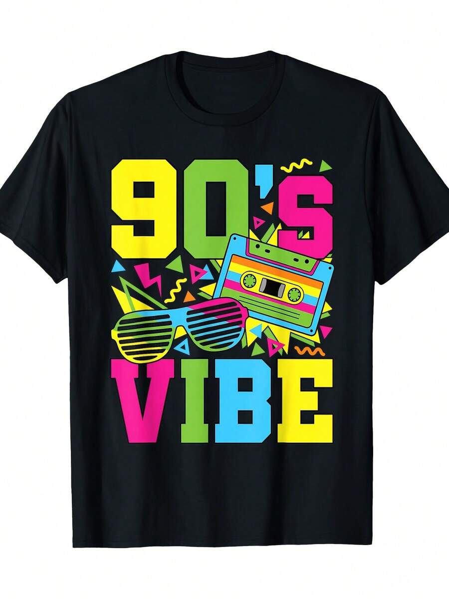 Vintage 90s Retro Style T-Shirt, Party Outfit For Men And Women - 100% Cotton T-Shirt, Loose Fit, Casual Short Sleeve, Machine Washable, All Season Comfort, Retro T-Shirt, Everyday Wear T-Shirt, Classic Style, Comfortable Fit, Printed T-Shirt, For Vintage Lovers. - 黑色 - 查看 1