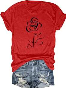 Camiseta de Mujer de Mezcla de Algodón con Diseño de Rosa Negra sobre Fondo Morado, Estampado Digital Creativo, Camiseta Casual de Mujer, Cuello Redondo, Manga Corta, Lavable a Máquina, Estilo Casual Transpirable, Sencillo y Versátil para Primavera y Verano. - Rojo - Ver 2