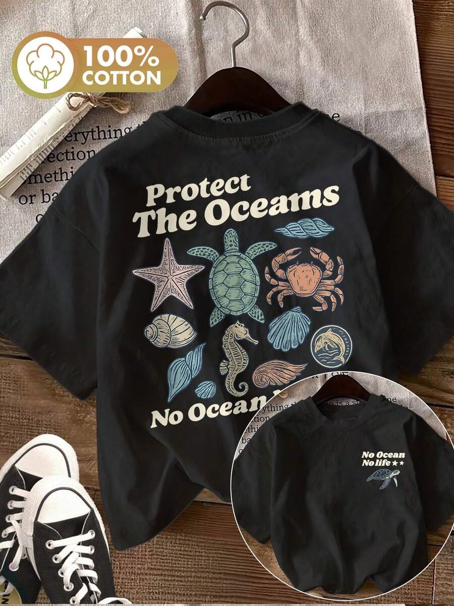Camiseta de edición limitada con estampado gráfico, manga corta, cuello redondo, top casual para verano y primavera, ropa de mujer, algodón ligero. - Negro - Ver 1