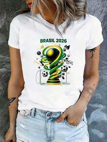 Camiseta gráfica casual juvenil con estampado de evento deportivo, diseño de trofeo de la Copa Mundial de Fútbol Brasil 2026, camiseta casual de cuello en V para mujer, top blanco, ropa para fanáticos del deporte, adecuada para actividades deportivas, fiestas, salidas y eventos deportivos. - Blanco - Ver 3