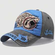 Gorra de béisbol con estampado de tiburón desgastado, estilo vintage y versátil de hip hop, adecuada para la calle, viajes, ajustable, para todas las estaciones - Tiburón parche - Ver 15
