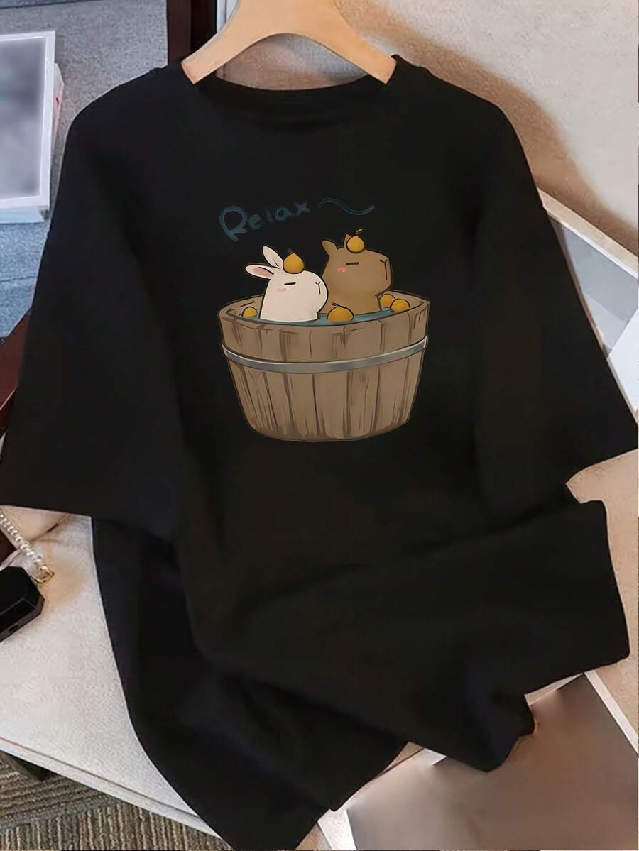 Camiseta de manga corta de algodón puro para mujer con estampado de diseño único, nuevo estilo de verano 2025, corte holgado, top adelgazante para estudiantes. - Negro - Ver 1