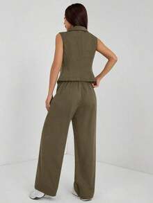 de 2 piezas de ropa de otoño, top sin mangas y pantalones de unicolor para mujer - Verde militar - Ver 2