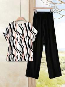 2 piezas Conjunto ajustado de mujer con estampado geométrico de bloques de color, adecuado para primavera y verano, apropiado para salir, casual - Multicolor 5 - Ver 2