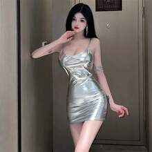 Vestido ajustado sin mangas metálico brillante para mujer, ropa de cóctel Rave Party Clubwear con tirantes finos, minivestidos, ropa de Festival de Música - Negro - Ver 4