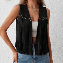 Chaleco con borlas de gamuza para mujer, traje hippie de los años 70, sin mangas, chaleco frontal abierto, chaqueta occidental - BLANCO - Ver 2
