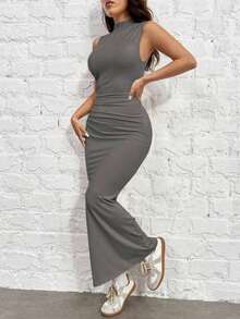1 pieza Vestido de punto ajustado sin mangas color rojo rosa para mujer - Gris - Ver 3