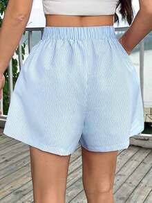 Shorts informales sueltos a rayas azules para el verano - Azul - Ver 2